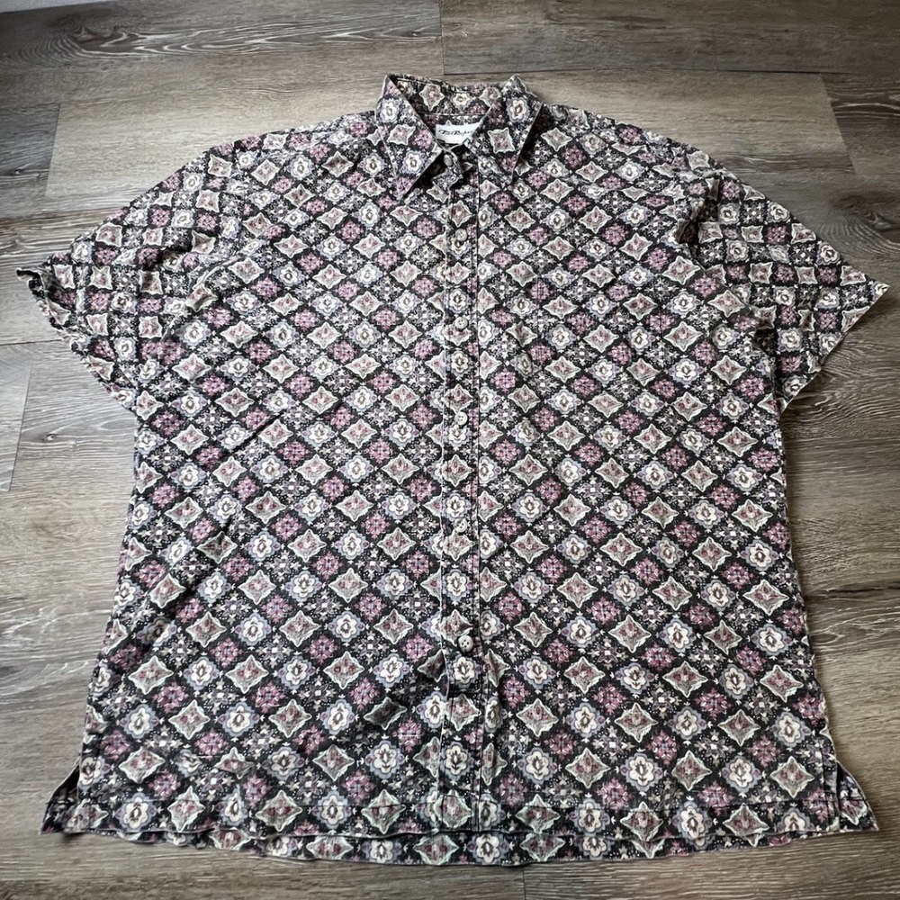 Tori Richard Button Down Shirt Mens L Black Mauve Geometric Diamond‎ Tile Print